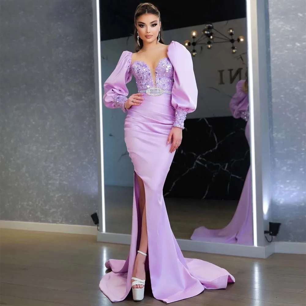 Xijun Satin Mermaid Evening Dresses Long Sleeves Sequined Pleat Ruched ...