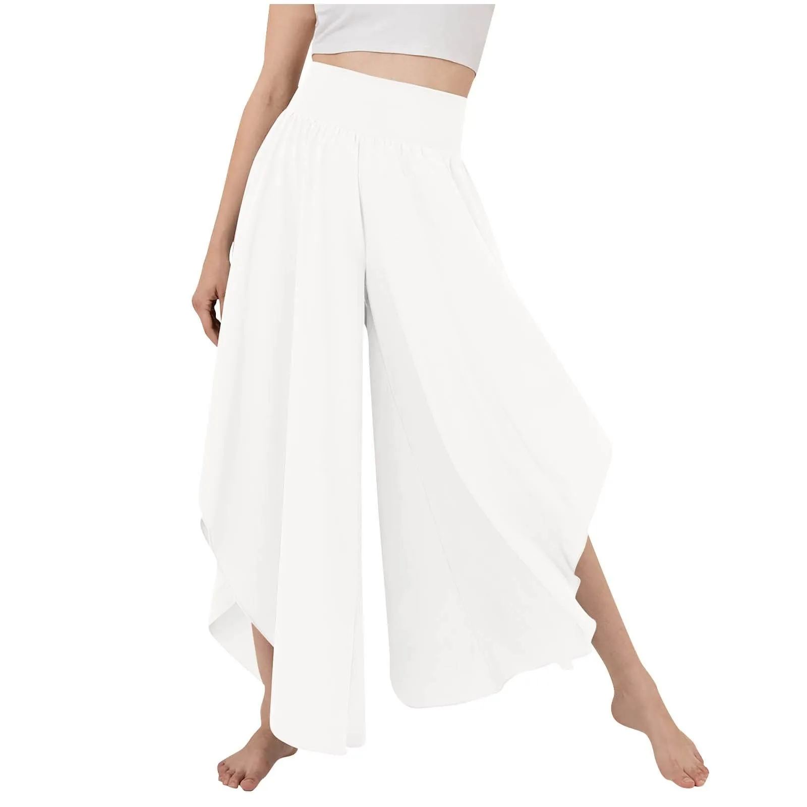 Women's Flowy Large Size Palazzo Pants Irregular Hem High Waist Casual Cropped Pants Summer Lightweight Elastic Beach Pants