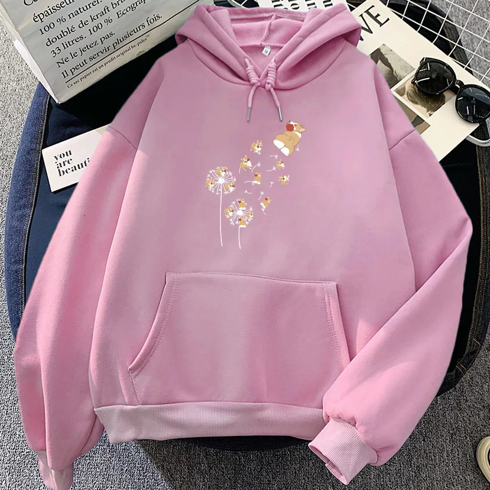 Cute Corgi Flower Hoodies Long Sleeve Women/Men Cartoon Sweatshirts Sudaderas Winter Clothes Female Hooded Pullovers Kawaii Tops