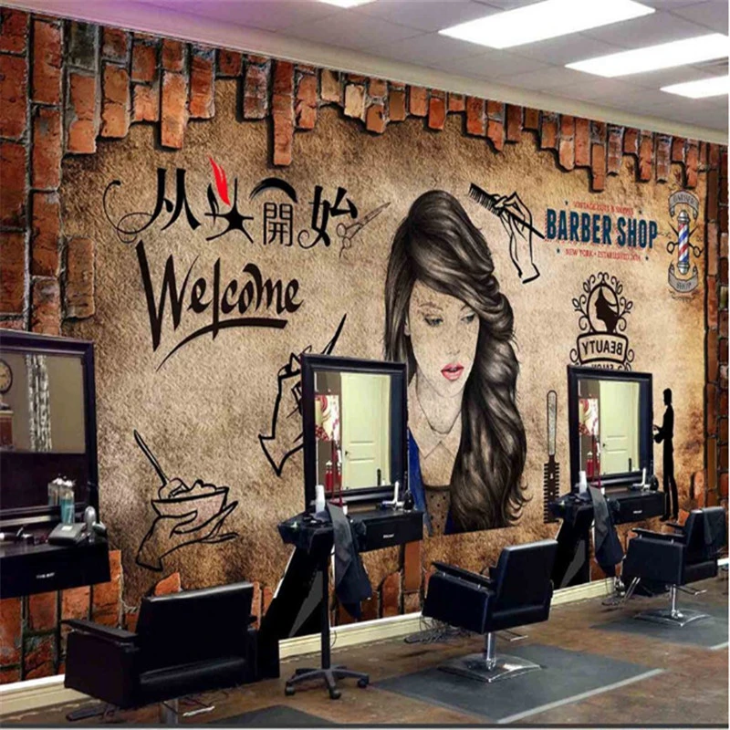 European Retro Fashion Trend Barber Shop Wall Paper 3d Hair Salon Beauty Salon  Background Mural Wallpaper Papel De Parede 3d - Wallpapers - AliExpress