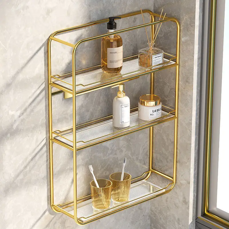 

Wall Mounted Bathroom Storage Shelf Free Punch Cosmetic Holder Washstand Light Luxury Bathroom Gold Storage Shelf Accessories