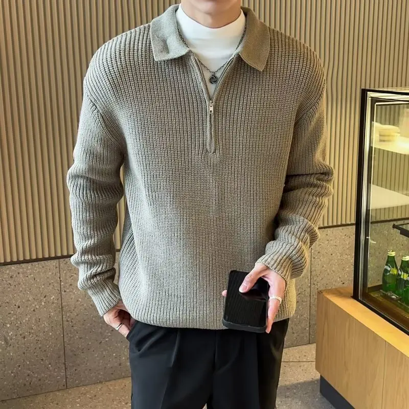 2024 Spring Half Zip Knitted Sweater Men Long Sleeved Casual Sweater Lazy Style Lapel Knitwear Tops Streetwear Men Clothing