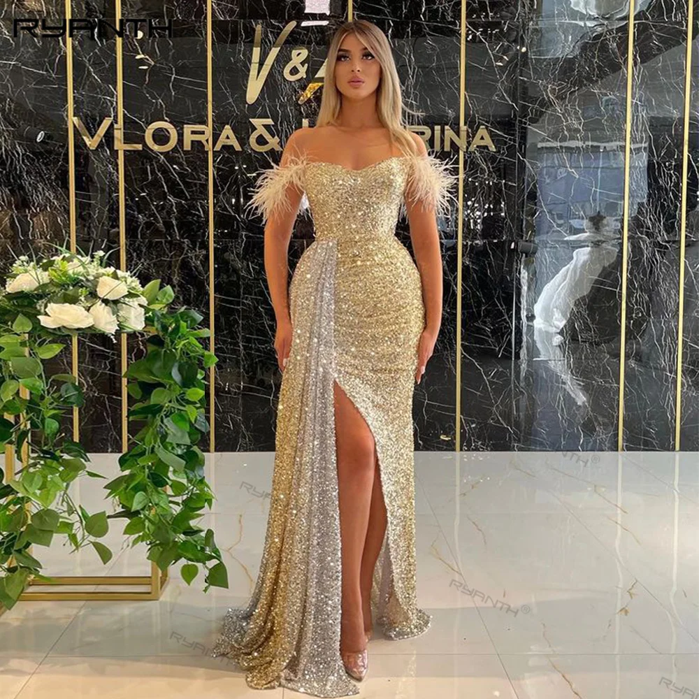 

Sequin Evening Dress Off Shoulder Mermaid Women's Evening Gown Feathers Sleeveless Side Slit Formal Party Dress Celebrity Dress