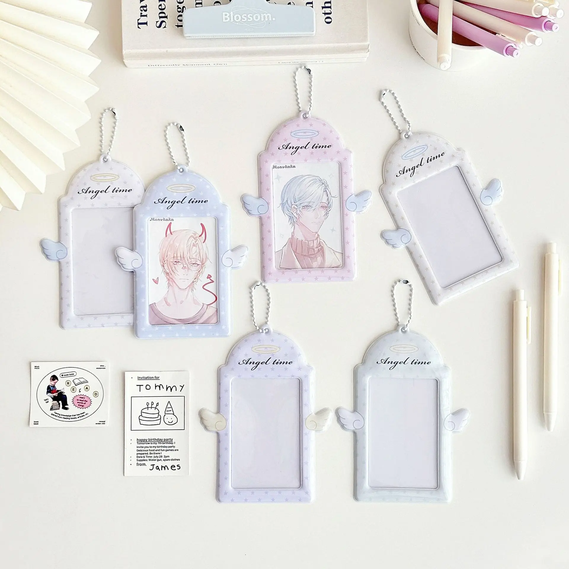 Ins Angel Wings Kpop Card Holder PVC Card Cover Keychain Ornament Photocard Holder Student Bus Car Case Photo Protector Sleeves