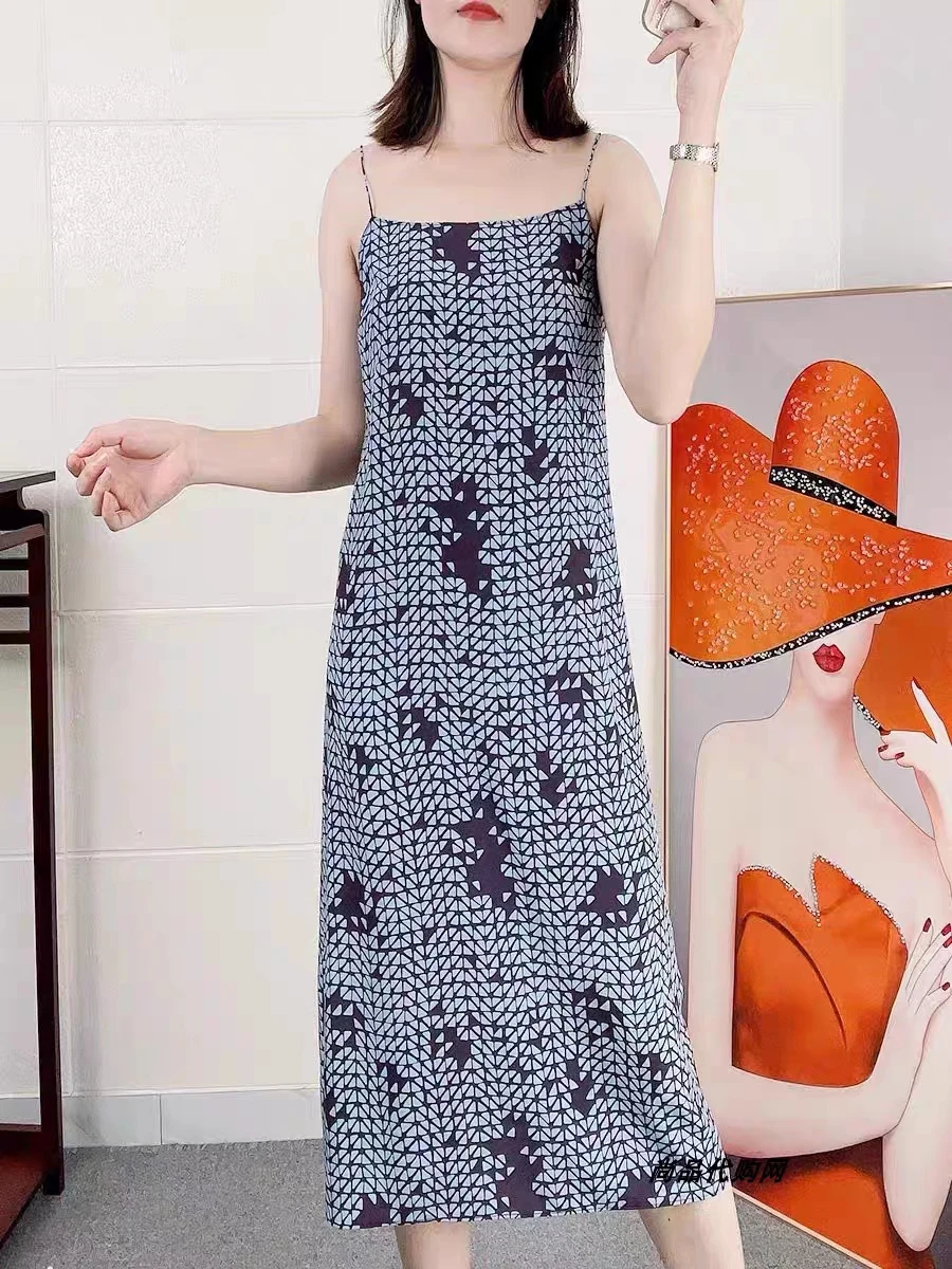

Women Geometric Abstract Pattern Printing Silk Sling Dress 2023 Summer Sleeveless Lady U Neck Robes