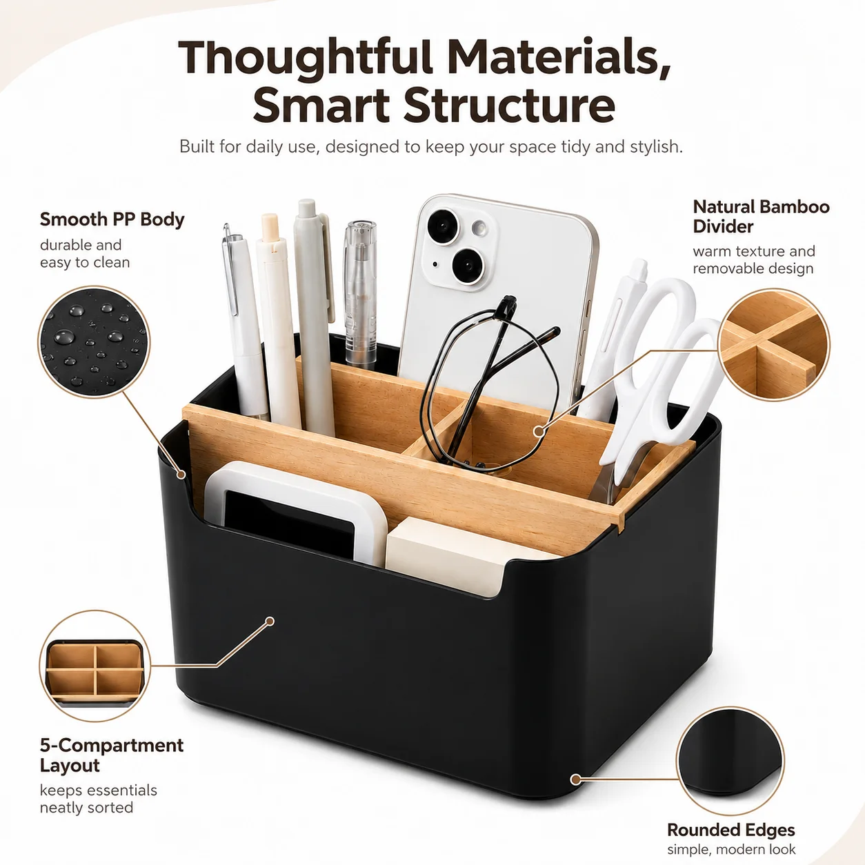 Elegant Wooden Desk Organizer: Pen & Pencil Holder and Multifunctional Storage Box