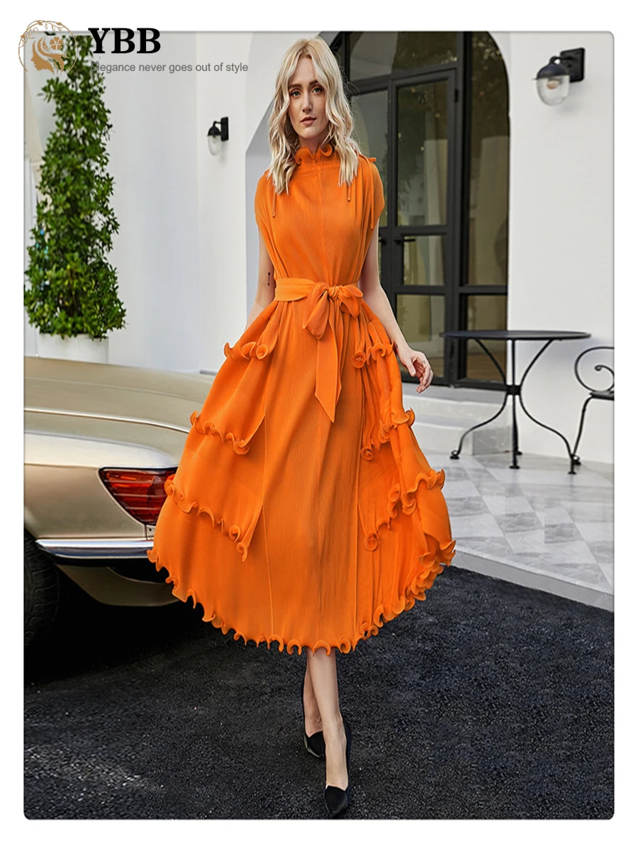 

2023 Woman Dress Ruffled Hem Solid Elegant hot Short Sleeve With Sashes Long Length Vintage New Spring Fashion Evening dress