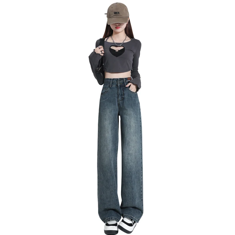 High Waist Wide Leg Jeans Women's Bla ey Slimming Straight Cut Trousers Autumn 2025 New Sle Double Bule Cotton Stretc...