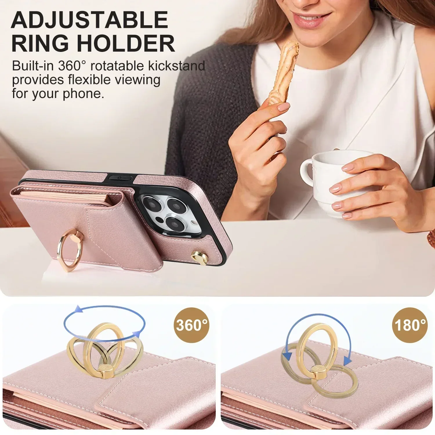 Crossbody Lanyard RFID Blocking Leather Card Holder with Ring Attachment