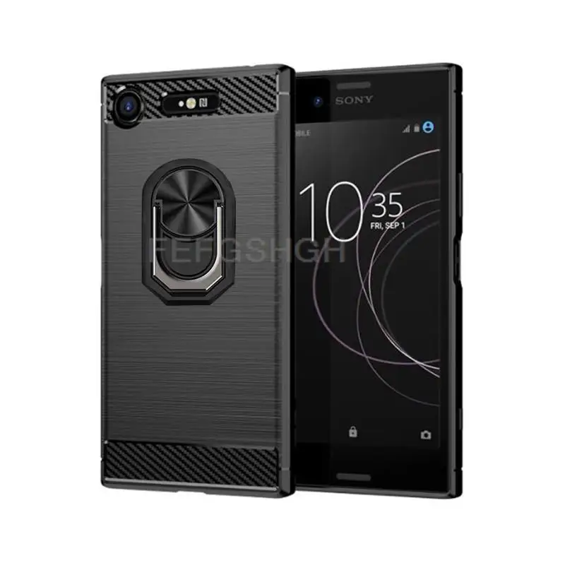 Capa Per Sony Xperia Xz1 G8341 G8342 Custodia Morbida In Silicone Spazzolato In Fibra Di Carbonio Per Sony Xperia Xz1 Cover Per Supporto Ad Anello Mag