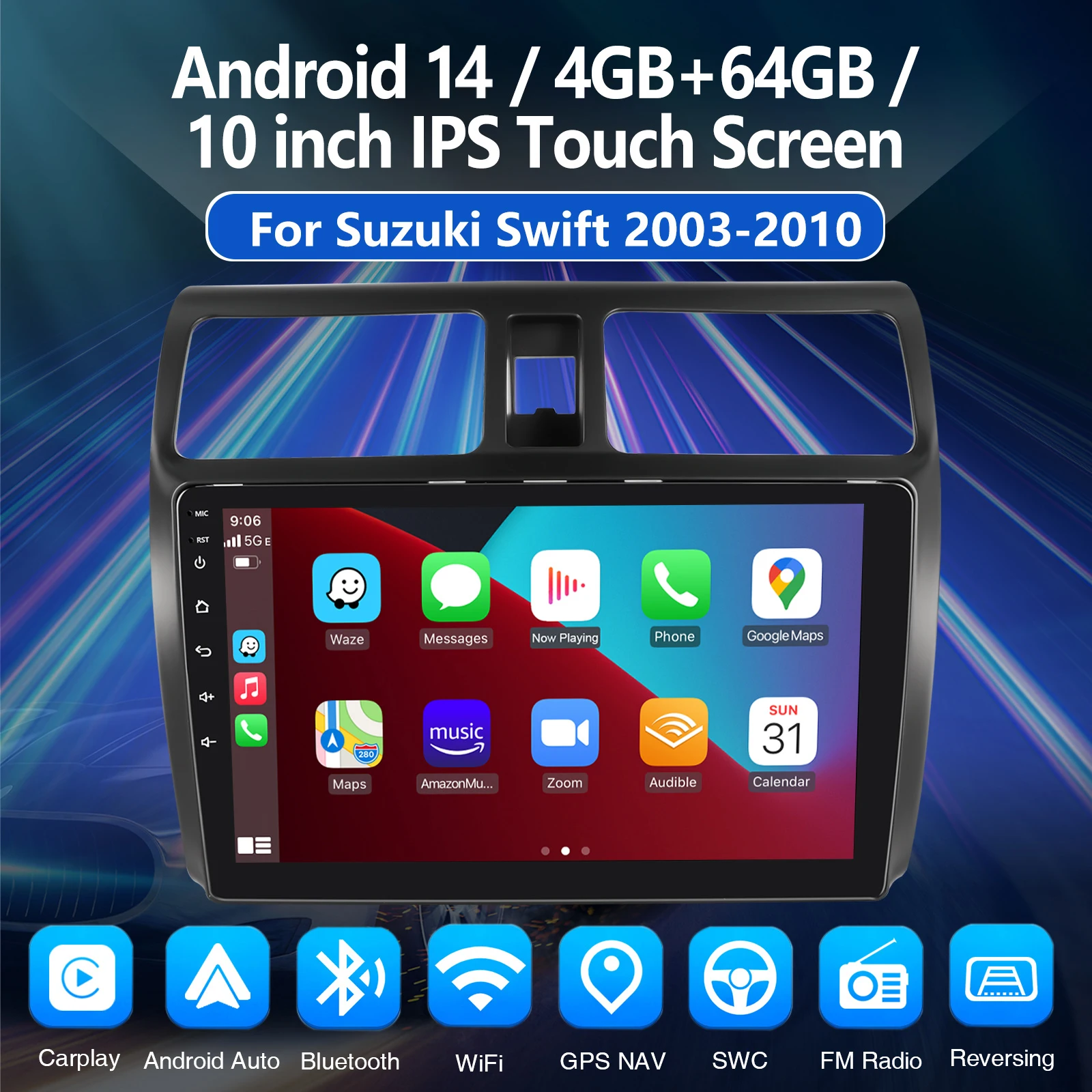 ESSGOO Für Suzuki Swift 2003-2010 Android 14 Autoradio 10" IPS Touchscreen Wireless CarPlay Android Auto WIFI GPS Bluetooth FM Mirror Link Lenkradsteuerung 4-Kern Multimedia-Player – Detail 1