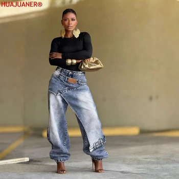 Jeans Women Vintage Wide Leg Pants Denims Washed Streetwear Patchwork 1
