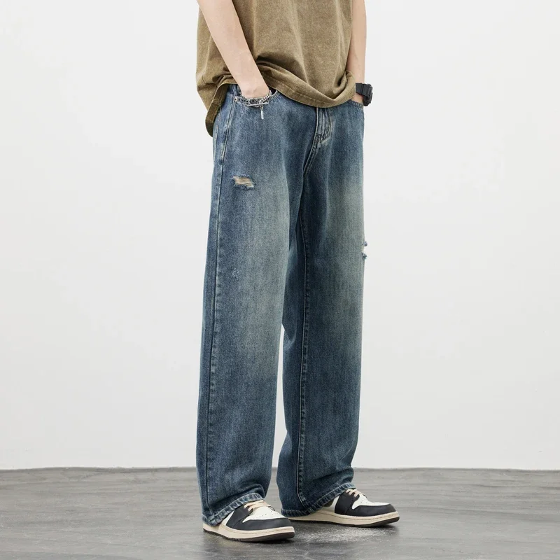 Korea Baggy Jeans Men's Vintage Straight Ripped Y2k Pants Fashion Frayed High Street Distressed Denim Trousers Male Clothes ripped jeans ripped patchwork jeans