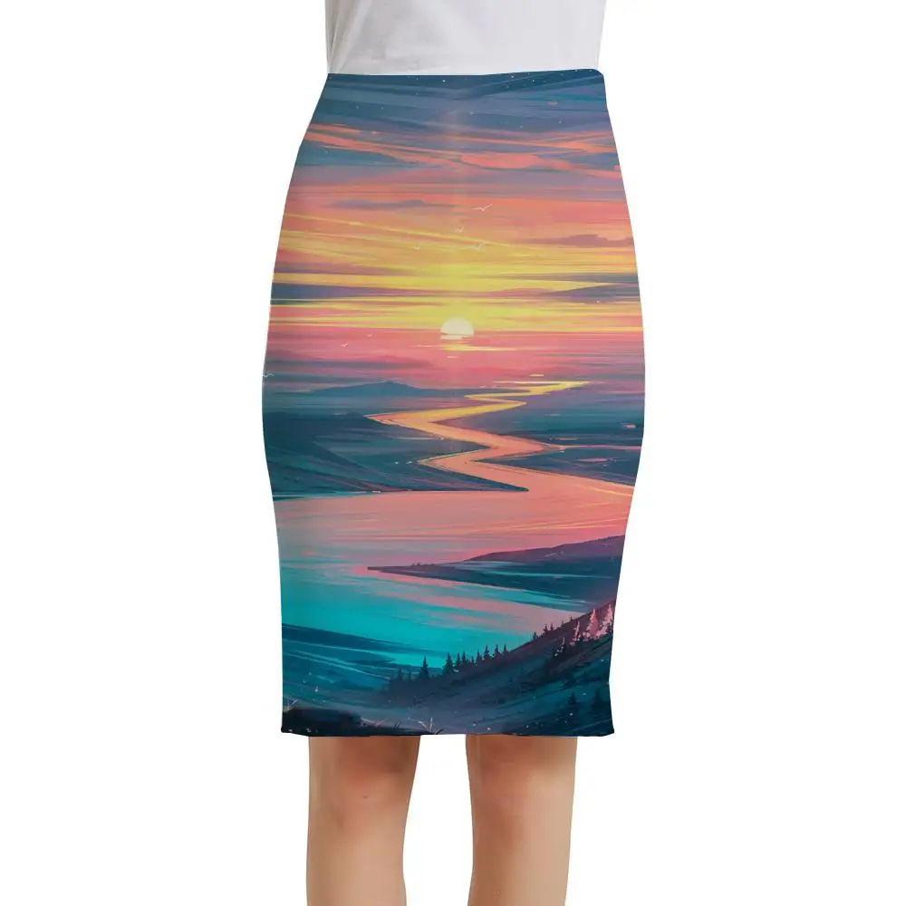 

KYKU Landscape Skirts Women Painting Print Skirt Ocean Sundresses Sunset Elegant Office Ladies Skirts Womens Vintage Cool