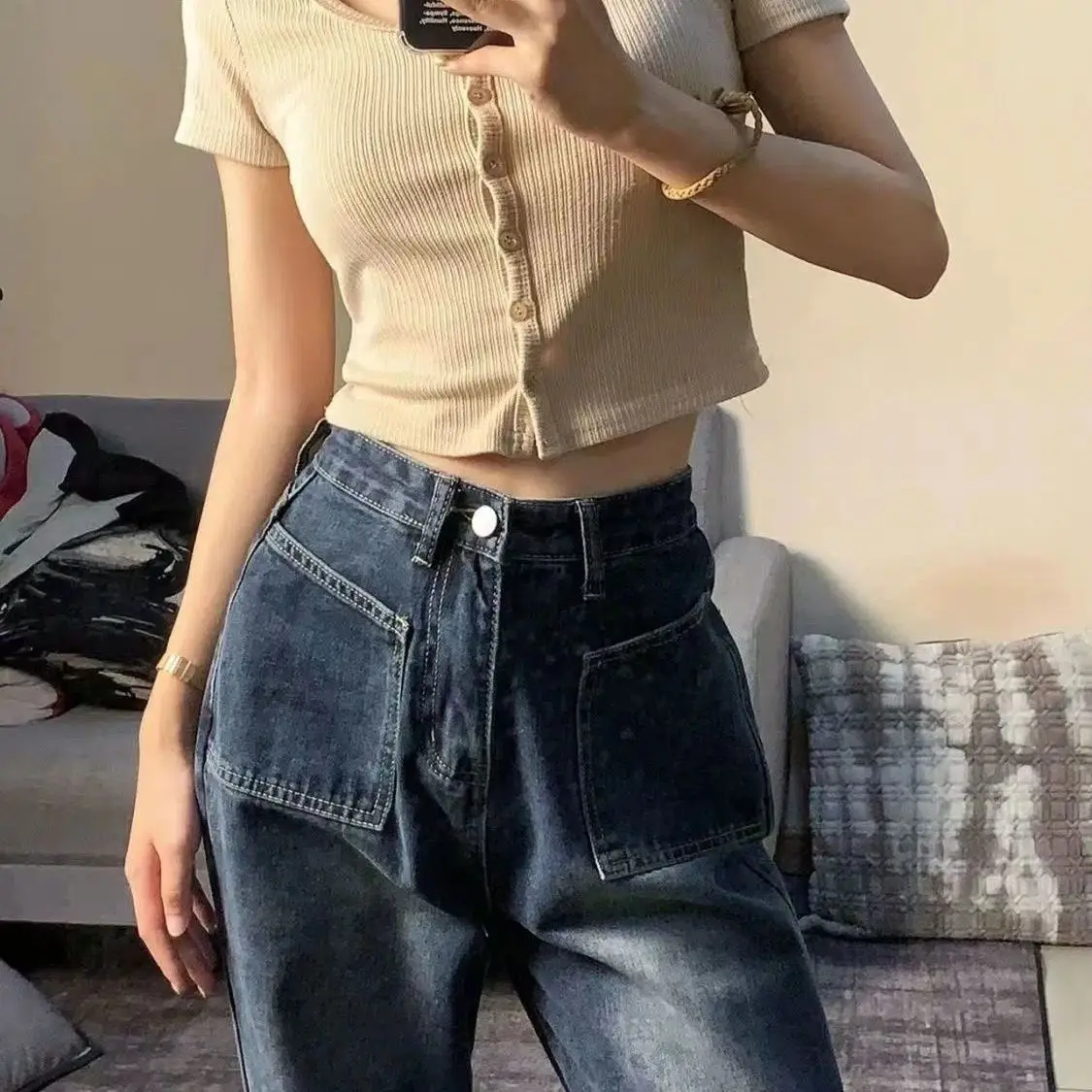 

New Autumn and Winter Wide Leg Jeans Women High Waist Blue Black Straight Denim Trousers Street Streetwear Clothes H413
