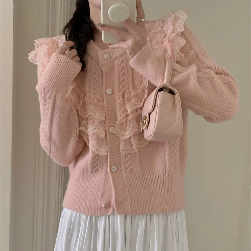 

Spring 2024 French Lace Patchwork Ruffled Knitted Cardigan Gentle Style Pink Short Coat Sweater Women