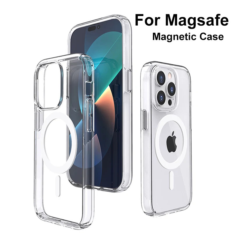 Прозрачный чехол Magsafe для Apple, Магнитный Твердый акриловый чехол для iPhone 15 14 13 12 11 Pro Max X XS XR 8 с беспроводной зарядкой