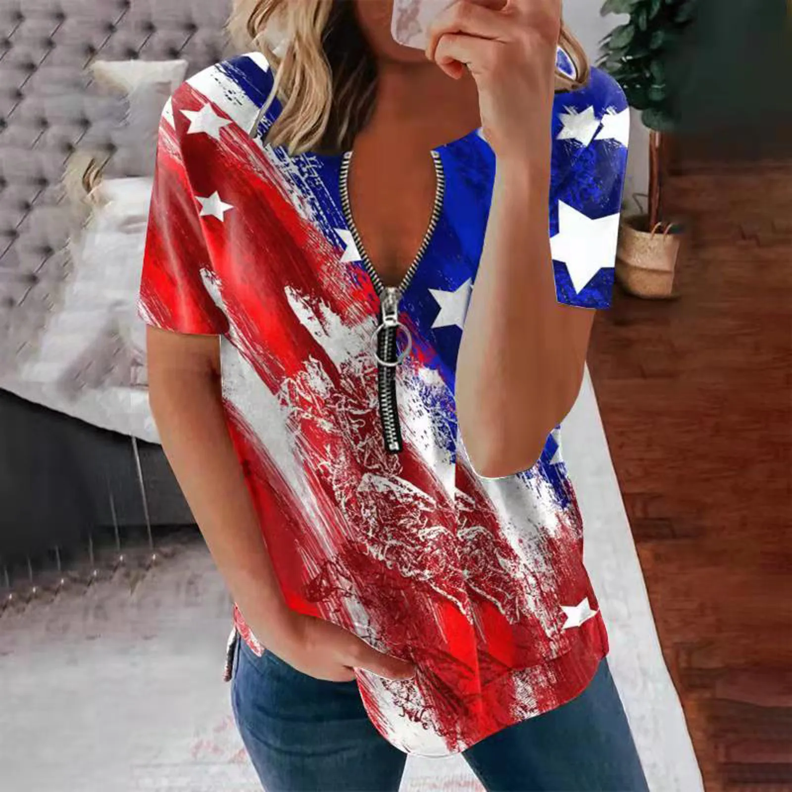 

Streetwear Women Top Harajuku Shirt Short Sleeve Tops Vintage Tees Aesthetic Clothes Summer Strip Zipper Print Pullover 2022
