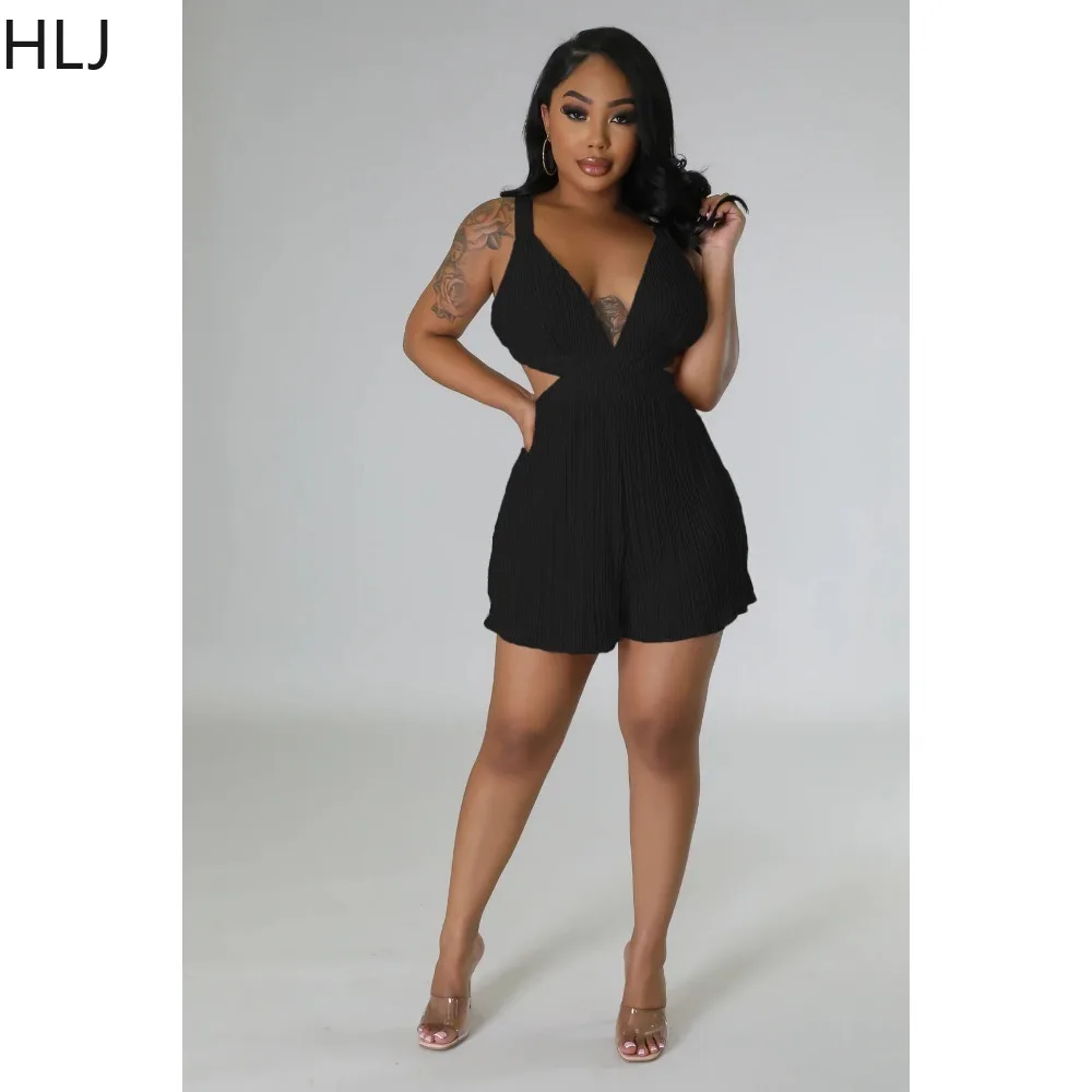 HLJ Casual Solid Color Ruched Loose Rompers Women Deep V Hollow Sleeveless Jumpsuits Summer New Female Backless Slim Overalls