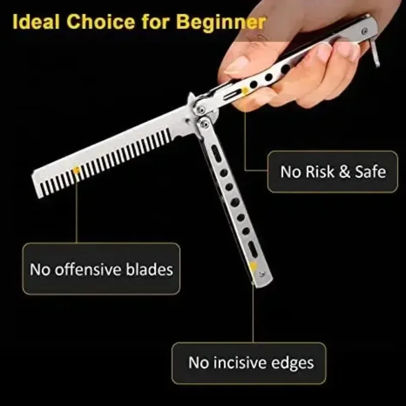 Foldable Comb Stainless Steel Practice Training Butterfly Knife Comb Beard Moustache Brushe Salon Hairdressing Styling Tool 3