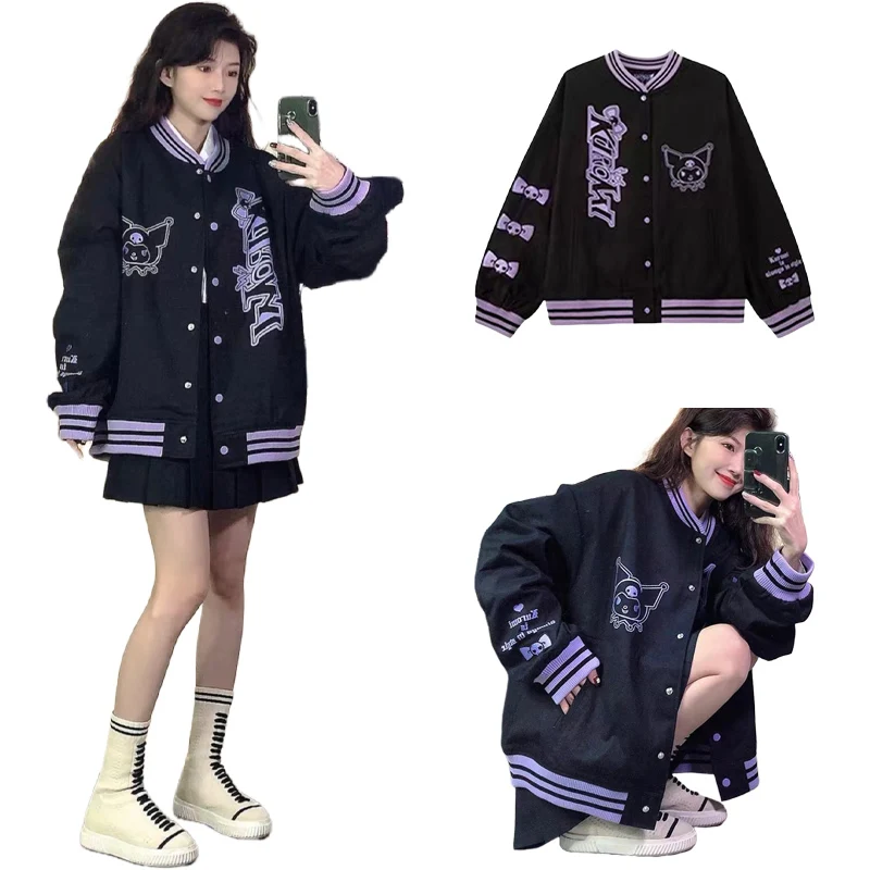 

Kawaii Sanrios Kuromi Baseball Uniform Anime Cute Cartoon Oversized Coat Casual All-match Large Size Jacket Autumn Winter New