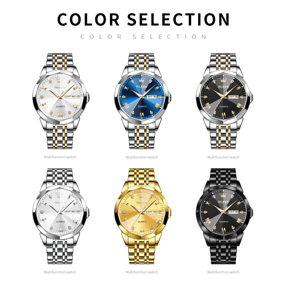 Olevs Watch for Men Diamond Business Dress Analog Quartz Stainless Steel Waterproof Luminous Date Two Tone Luxury Casual Wrist Watch