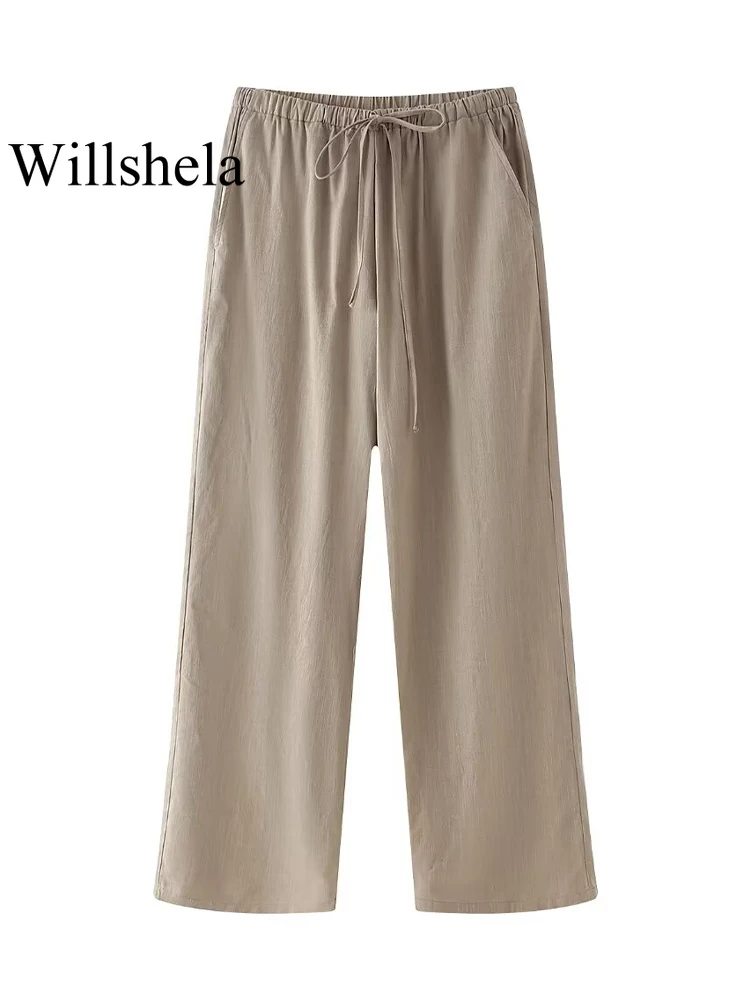 Willshela Women Fashion Two Piece Set Khaki Lace Up Shirts & Vintage High Elastic Waist Trousers Feamle Chic Lady Pants Sets
