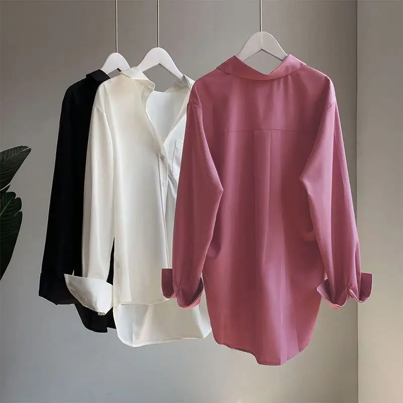 

Loose solid color shirt for women's spring and autumn new style, versatile and meat covering top, oversized women's clothing