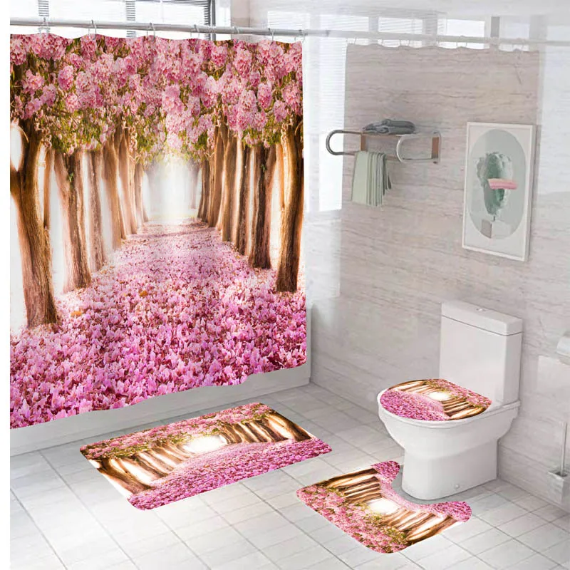 

Cherry Blossom Forest Shower Curtain Set with Hooks Toilet Covers Bath Mat Fantasy Sakura Trees Flower Bathroom Non-slip Carpet