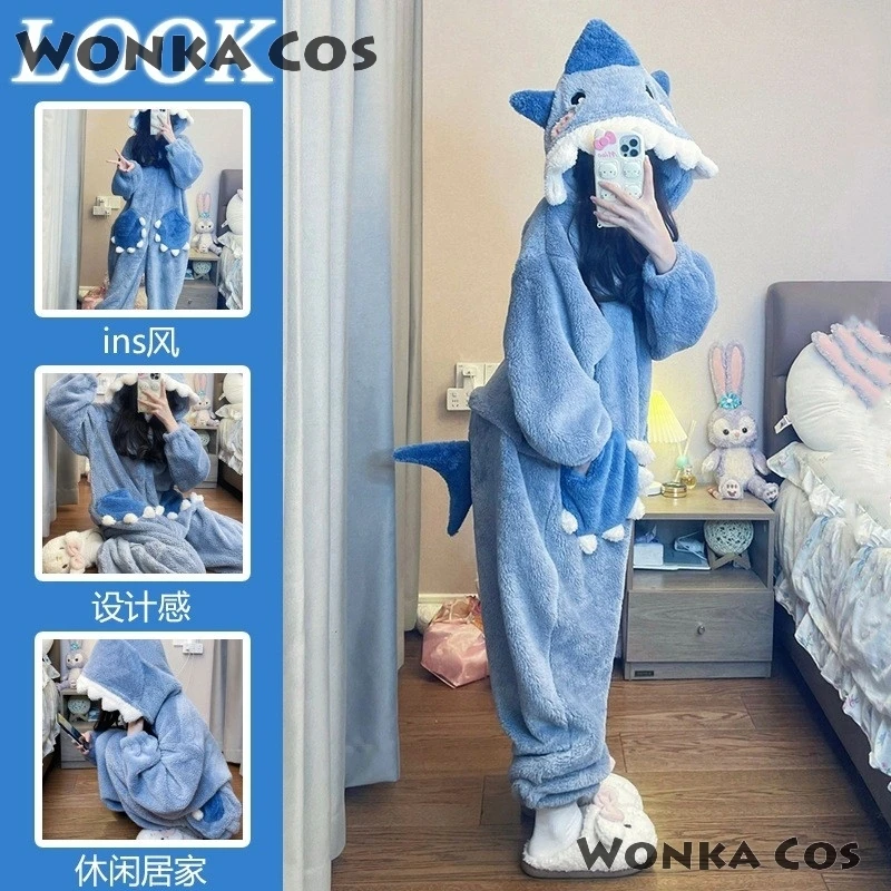Cartoon Shark Women's Hooded Gawr Sleepwear Kigurumi Unicorn Winter Gura Cosplay Pijama Jumpsuit Christmas Party Loungewear