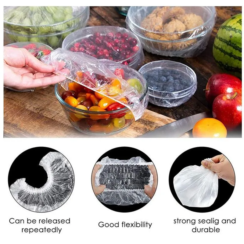 200 Pcs 5 Size Plastic Bowl Covers with Elastic Bulk Reusable Bowl Covers  Disposable Food Covers Storage Cover Plastic Wrap for Leftovers Family