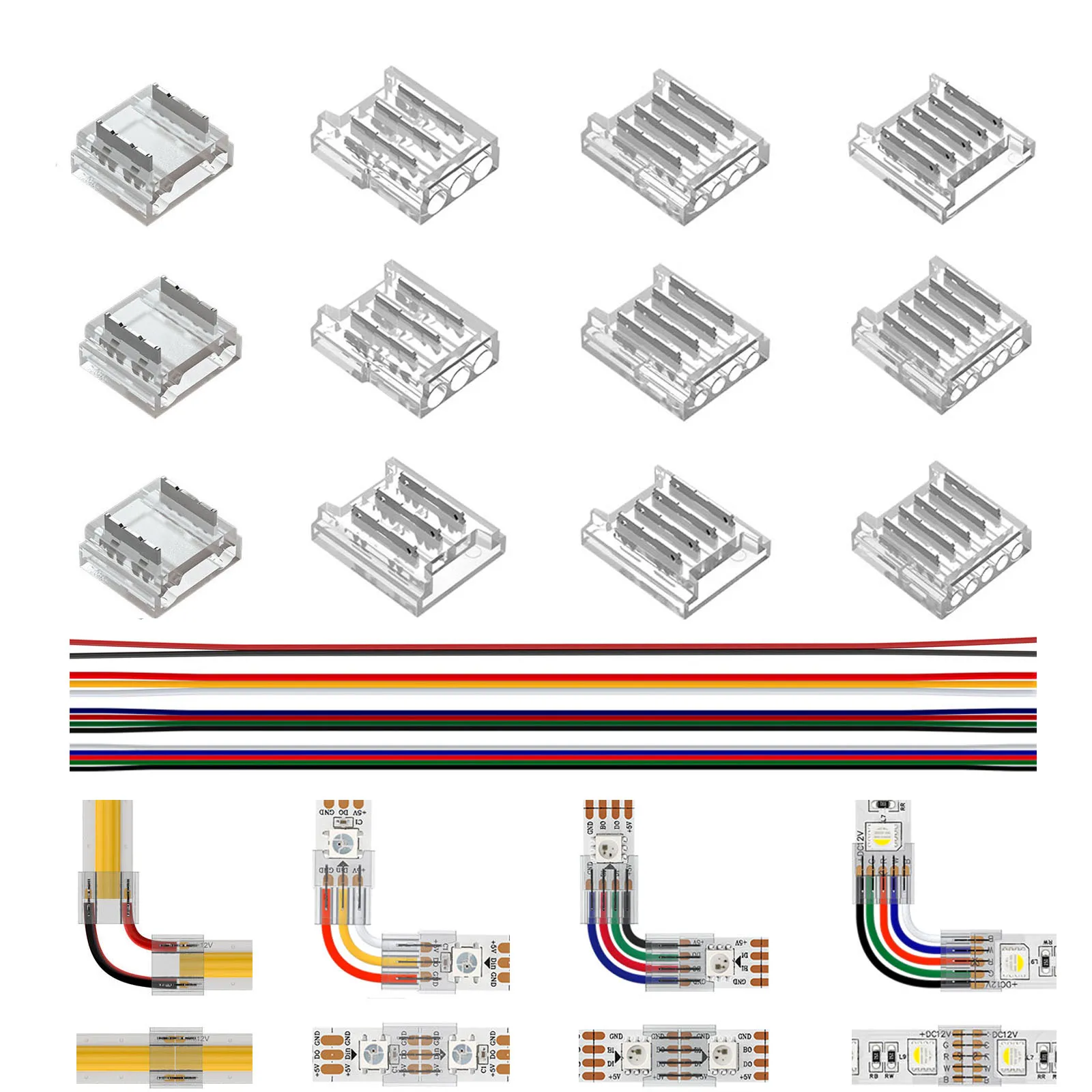 Solderless Cover Connector 15cm Wire 12pcs for FCOB DIM CCT RGB WS2812B WS2811 WS2815 5050 RGBW RGBCCT SMD LED Strip wire connector terminals,wire connector,electrical connectors,led strip connectors,electrical connector,led connectors,cable connector