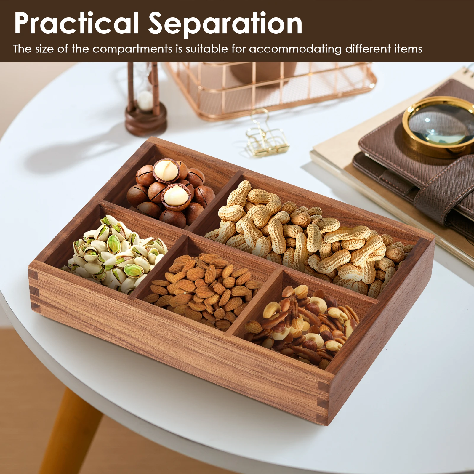 Wood Tea Bag Storage Tray Desktop Organiser with 5 Compartment Multipurpose Sugar Packet Storage Tray for Home Kitchen Office