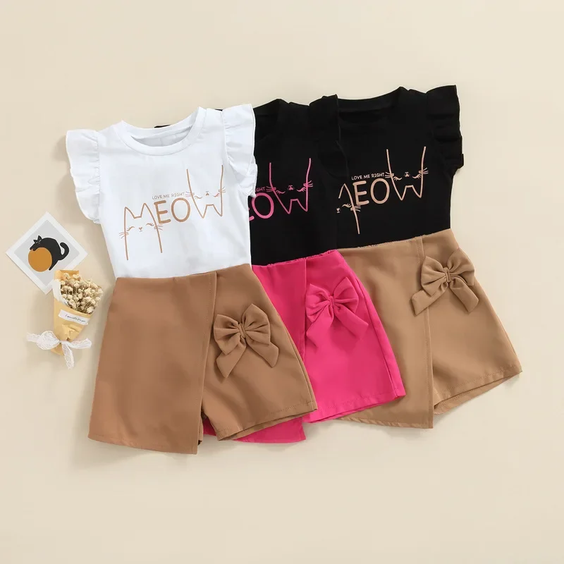 

1 2 3 4 5 6T Toddler Kids Baby Girls Clothes Printed Letter Sleeveless Tops + Cute Bow Shorts Fashion 2-Piece Outfit Summer 2024