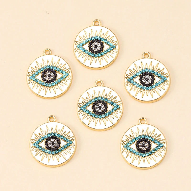 12Pcs Gold Color Metal Gem Evil Blue Eye Charms Round Pendants Handmade