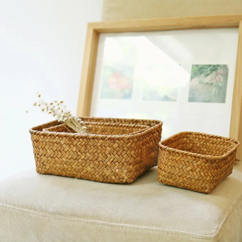 Handmade Straw Dried Flower Fruit Pot Basket Rattan Box Candy Earphone Panier De Rangement Organizer Useful Storage  Cesto 2