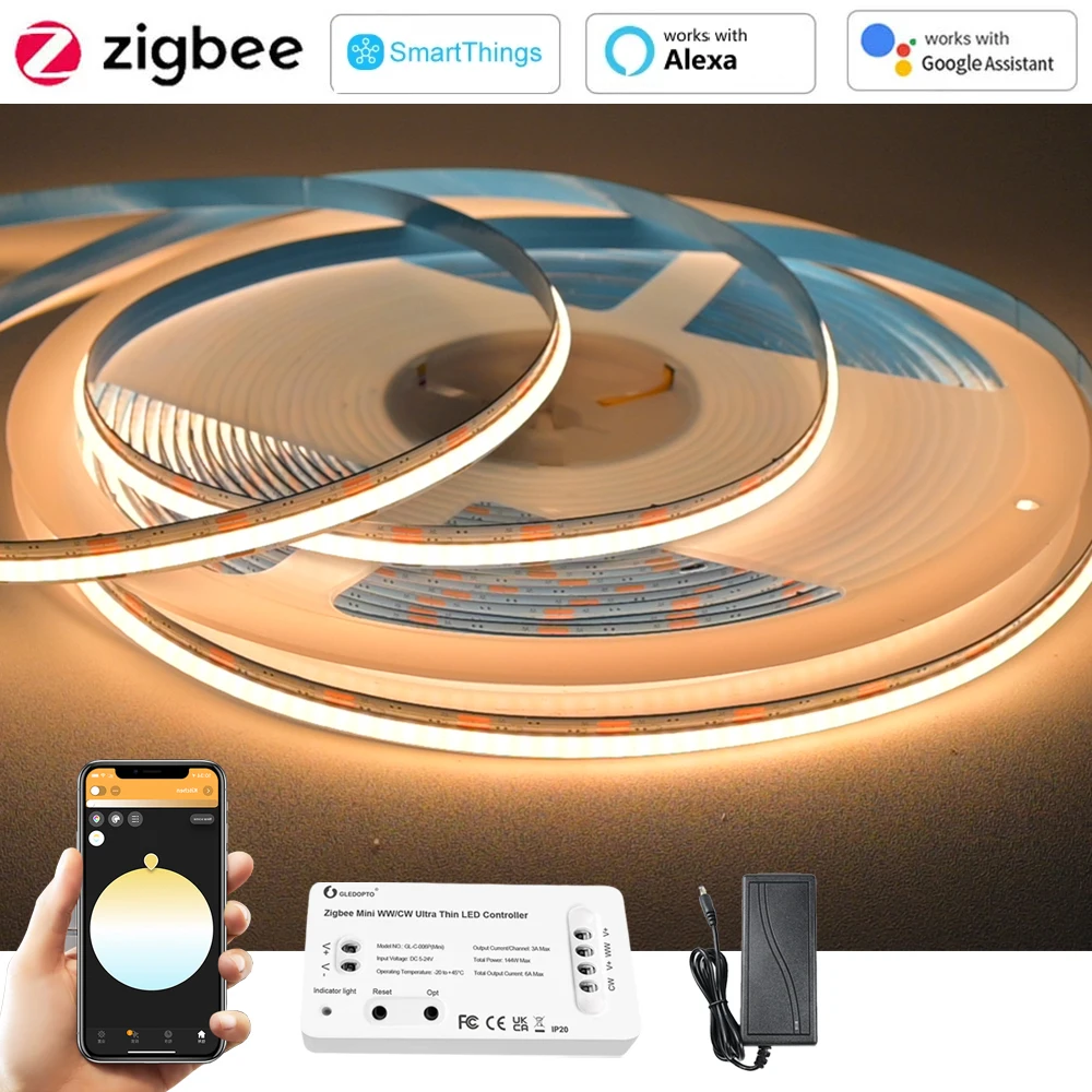 5M 10M Zigbee 3.0 COB CCT Led Strip 24V Dimmable Flexible Ceilling Room Light Decor KIT for Alexa Google Assistant SmartThings
