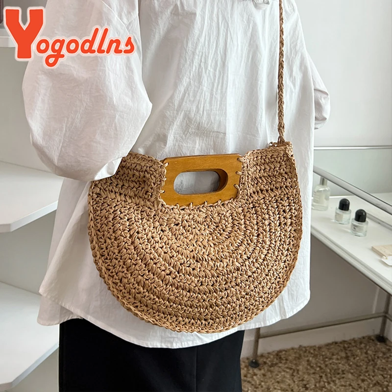 Minimalist Straw Bag for Women Summer Half-moon  Beach Handbags Rattan Handmade Kintted Handle Bags Bolsas