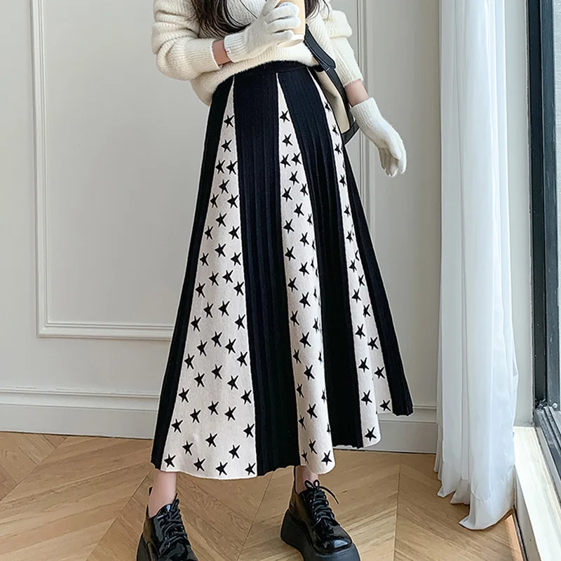 

Elastic High Waist Knitted Long Skirt Women 2023 Fall Winter Ladies Fashion Casual Thick Warm A Line Skirts Female Korean Style