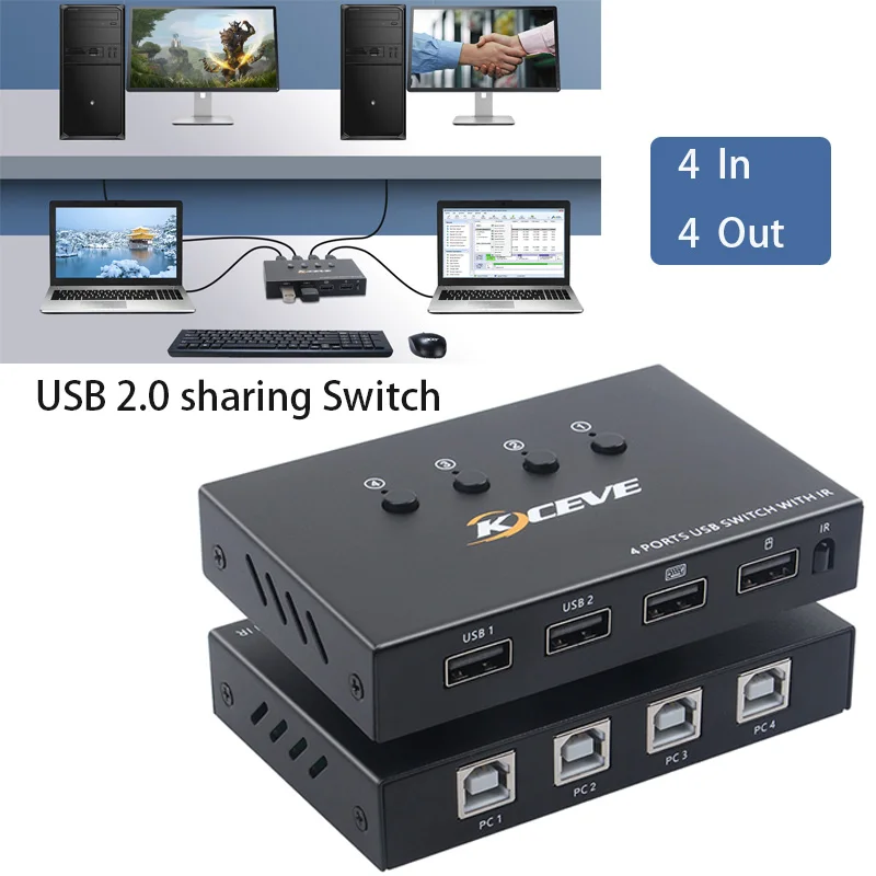 

USB Switch USB 2.0 sharing Switch 4 in 4 out Plug and Play 4 computers share 4 USB devices Multi-function Splitter Adapter