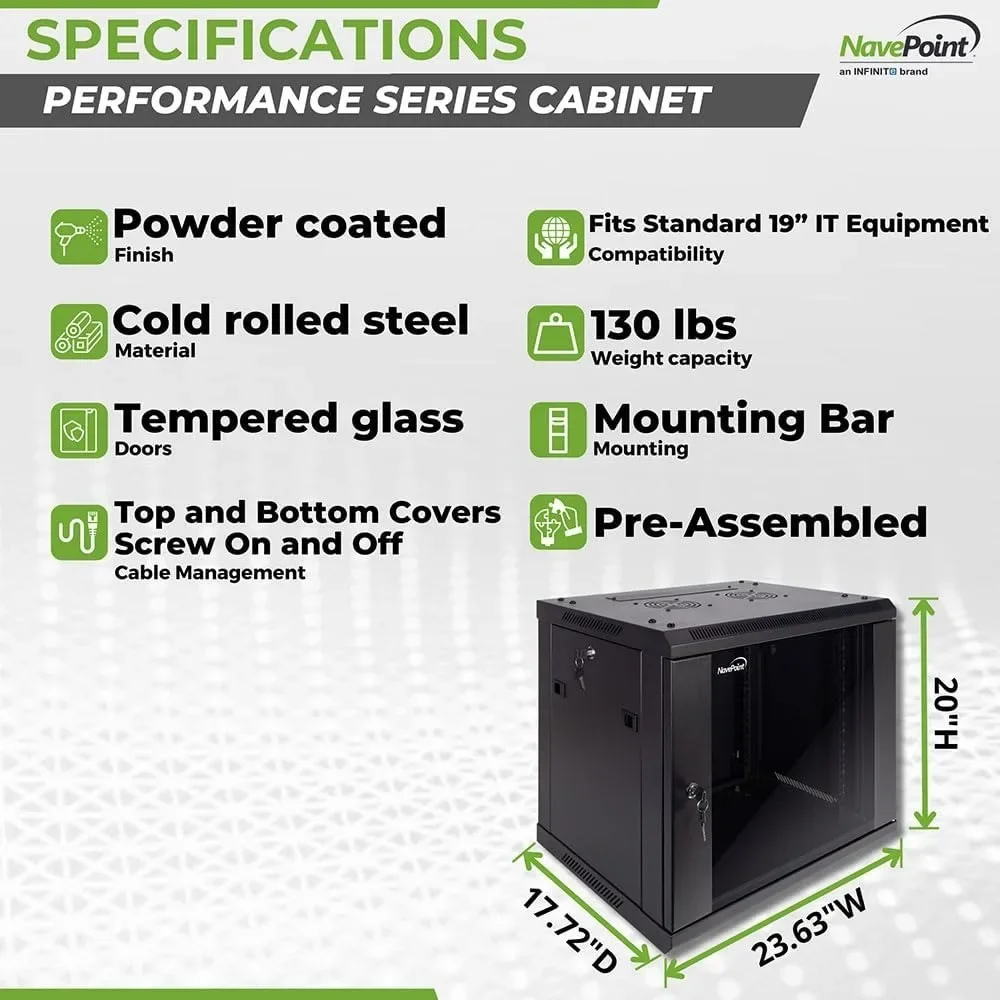 NEW-9U Server Cabinet Wall Mount Rack Enclosure Includes 2 Fans, Locking Glass Door, Removable Side Panels – 9U Network Cabinet