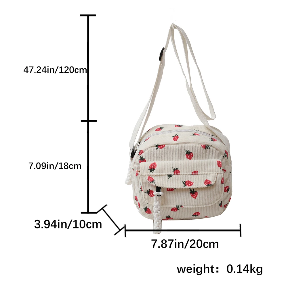 Cute Strawberry Messenger Bag Corduroy Tote Handbag Casual Zipper Underarm Bag for Women Girls Travel Work