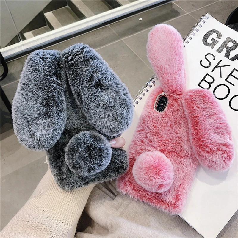 Cute 3D Rabbit Ears Fur Plush Diamond Case Per Iphone 12 13 11 Mini Pro Xs Max Xr X 6 S 4 S 5 S Se 5C 7 8 Plus Warm Furry Cover