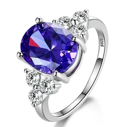 Elegant 925 Sterling Silver Zircon Ring with Multi - Colored Oval Stones - Perfect Fashion Jewelry - 8 (Amethyst)