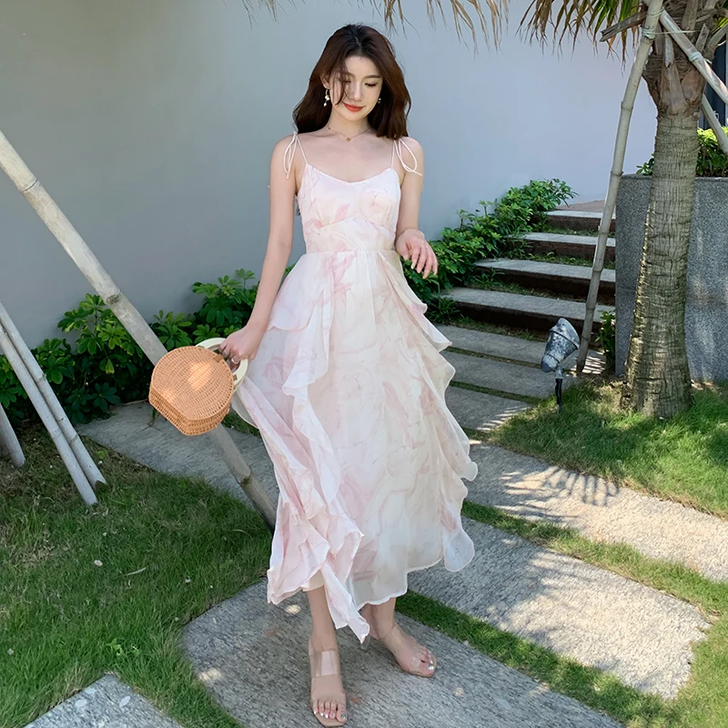 

Alice in Wonderland Pink Strap Dress Irregular Ruffle Edge Party Fairy Holiday Dress