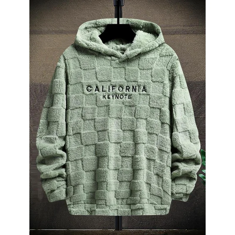 Men's Letter Embroidery Textured Drop Shoulder Fuzzy Hoodie, Regular Fit Casual Fashion Fall Streetwear Long Sleeve Hooded Sweat 4