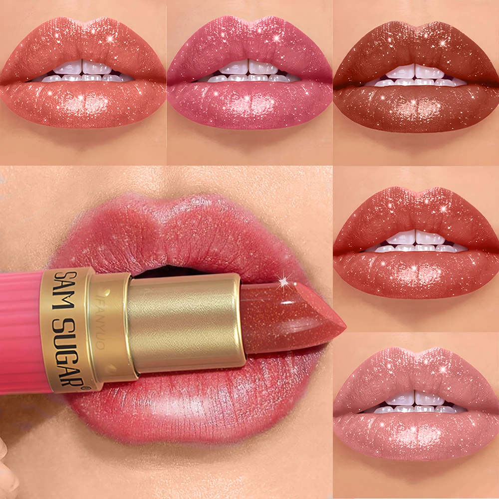 Diamond Glitter Lip Stick Waterproof Lasting Pearlescent Metallic Lip Balm Brown Lipgloss Women Lips Gloss Makeup Cosmetics_voghion.com