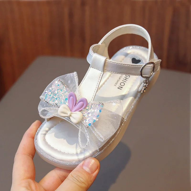 

Girl Bowtie Sandals Kid Open Toes Hoop & Loop Princess Shoes 2023 Summer Child Fashion Square Heel Flat Sandal 26-36