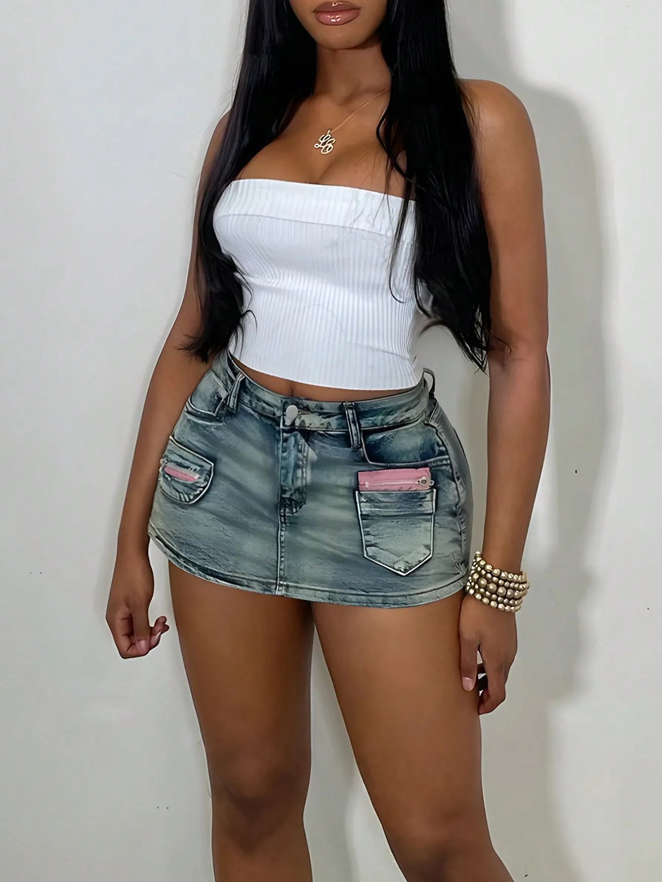 Summer Trend Female Fashion Shorts Zip Detail Colorblock Patched Pocket Mini Mid Waist Denim Skort Chic VintageVersatile Style