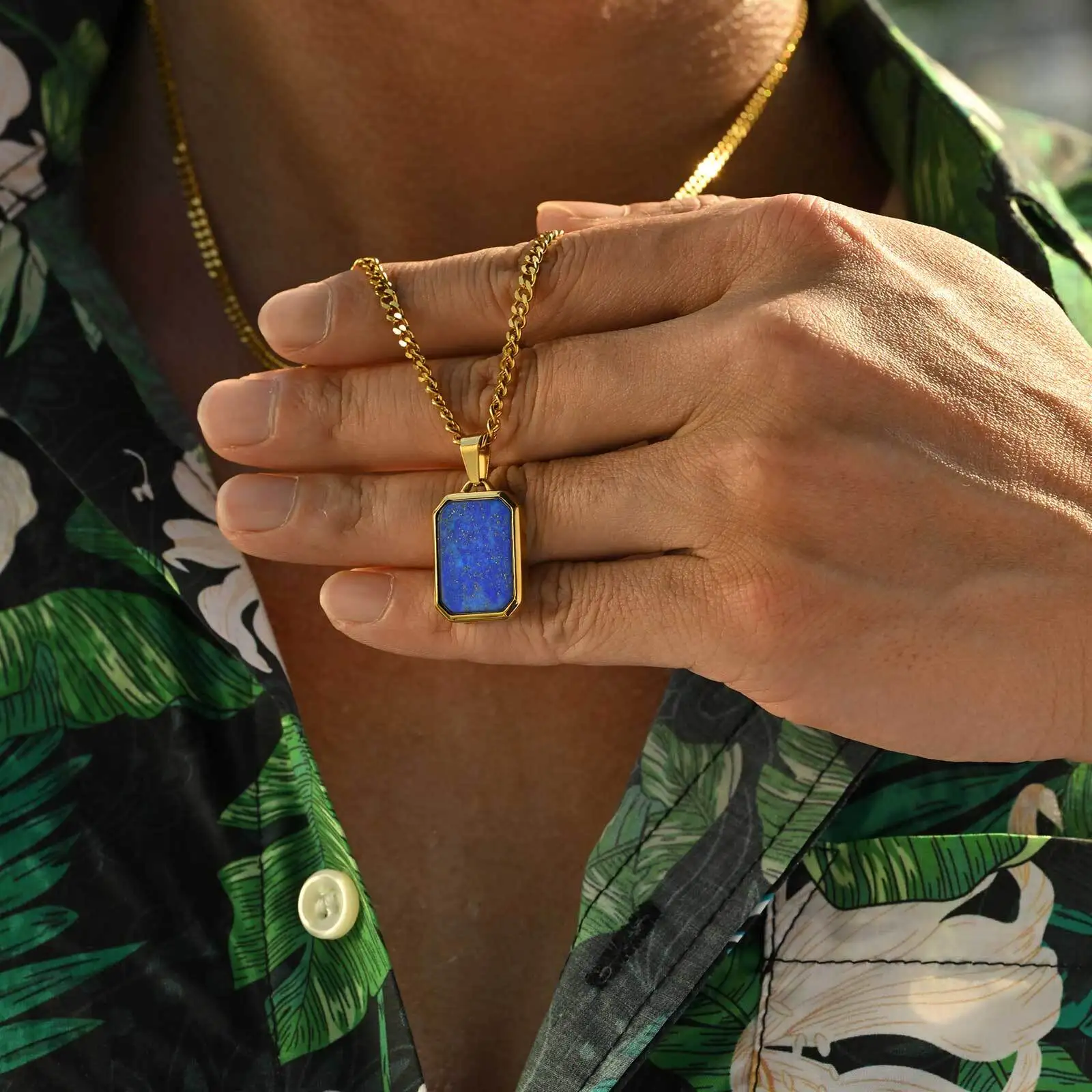 Casual Stainless Steel Men's Rectangular Necklace,Blue Natuarl Stone Lapis Lazuli Pendant,Birthday Father Anniversary Gift